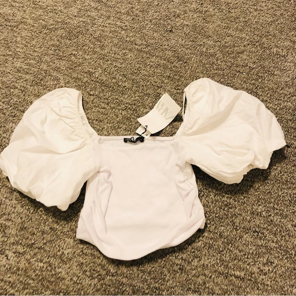 Zara White Crop Blouse with Square Neck and Puff Sleeves Médium